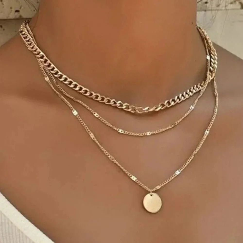 NEW 18k Gold Triple Layer Chain Link Coin Disc Necklace